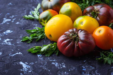 Tomato and parsley on dark concrete background