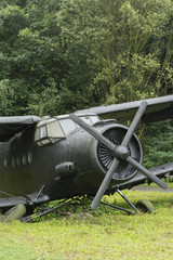 The front part of an old airplane propeller in the grass.