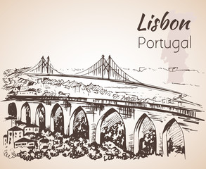 Lisbon cityscape with bridges - hand drawn sketch.