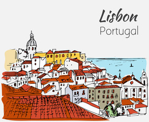 Lisbon cityscape - hand drawn sketch. - 122110029