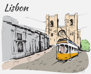 Lisbon Cathedral and tram.