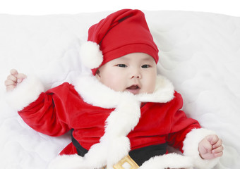 cheerful children or babies with santa claus suit for christmas or happy new year party day