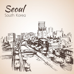 Seoul cityscape, hand drawn - South Korea. Sketch.