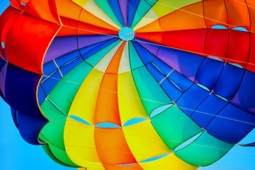Canopy of a multicolor parachute in air.