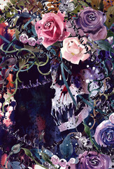 Fototapeta premium Watercolor painting Demon King skull Crown decorated with flowers