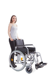 Fototapeta na wymiar Woman pushing wheelchair. All on white background