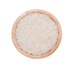 Top view, grains of Thai jasmine rice in wood bowl on white back