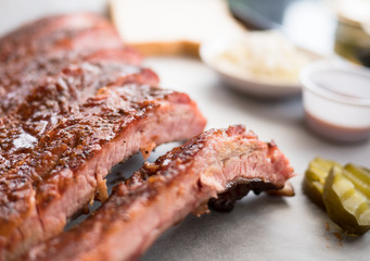 roasted pork ribs with pickle. selective focus