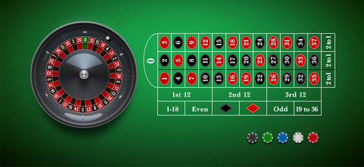 casino roulette wheel with  chips isolated on green  table reali