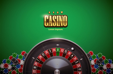casino roulette wheel with  chips isolated on green  table reali