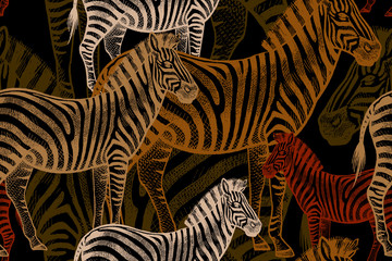 Seamless vector pattern with African animals. Colored Zebra on a black background. Template to create fabric, Wallpaper, paper, textiles, curtains, design summer clothes in the style of Safari.