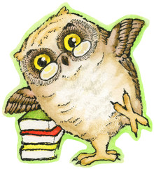 Book Owl
Cute watercolor illustration of an owl wearing glasses, standing next to a pile of...
