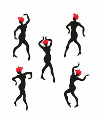Beautiful graceful woman dancing . Black silhouette set.