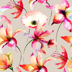 Seamless wallpaper with Lily and Poppy flowers