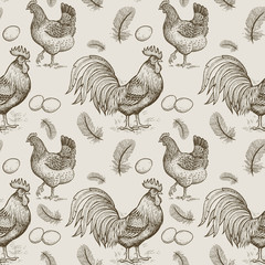 Seamless pattern with chickens and roosters. © marinavorona