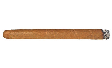 Burning brown cigar isolated on a white background