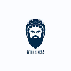 Flat Style Biker Face Abstract Vector Logo Template. Bearded Man in Helmet with Goggles Silhouette. Rider Symbol or Icon. Retro Typography.