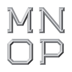 M, N, O, P gray faceted letters. Prismatic retro font.