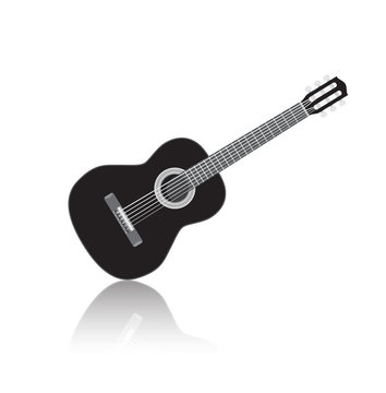 Acoustig black guitar, isolated musical instrument with reflection. Vector illustration