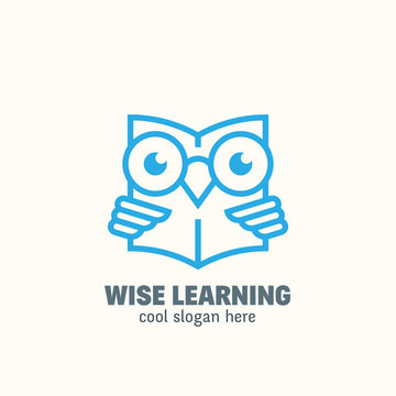 Line Style Smart Education Abstract Vector Logo Template. Learning Emblem. Outline Wise Owl Reading Book Concept with Typography.