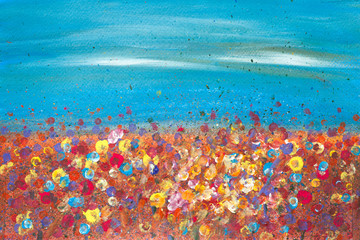 Naklejka premium Acrylic painting of colorful wildflower field with blue sky, red, yellow, orange,white, purple flower, hand painted, impressionist style