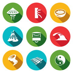 Vector Set of Vietnam Icons. Vietnamese, Wing Chun Kung Fu, Food, Nature, Trade, Ocean, Hurricane, Raft, Yin Yan.