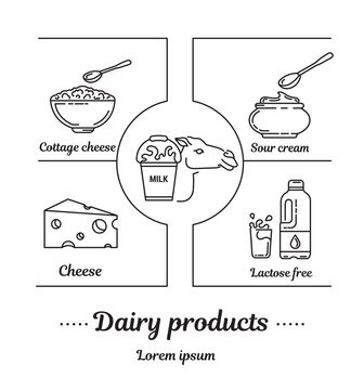 Set vector icons graphic thin outline in a linear design. Element emblem symbols camel milk, dairy industry and dairy products.Organic product. Cheese, Lactose free milk, sour cream, cottage cheese.