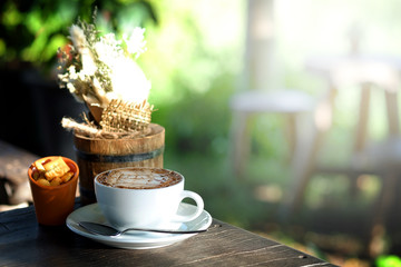 Hot mocha coffee set in garden with relax time in the afternoon  - obrazy, fototapety, plakaty