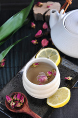 Rose Tea with Lemon on Tray