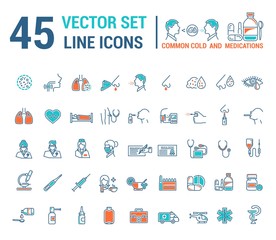 Vector graphic set in linear design. symbol and element. ?ommon cold. Symptoms. Medicaments tablets, antibiotics, treatment and prevention of disease. Doctor, nurse, stethoscope, blood pressure cuff.
