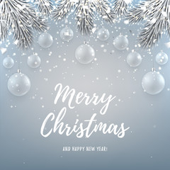 Merry Christmas backdrop with glass toys. Elegant vector illustration with a congratulation. Happy New Year background with silver confetti and shining lights.