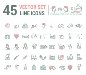 Vector graphic set in linear design. symbol and element. ?ommon cold. Symptoms. Medicaments tablets, antibiotics, treatment and prevention of disease. Doctor, nurse, stethoscope, blood pressure cuff.