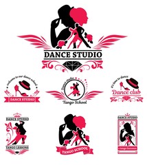 Set logo of dancing couple. Dancer tango illustrations. Dancing people set. The character set for tango. Use for tango studio poster, flayer, web-sites. Tango inscription.