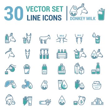 Set vector icons graphic thin outline in a linear design. Element emblem symbols of donkey milk, the dairy industry and dairy products.Organic product. Allergy-free. Healthy body care