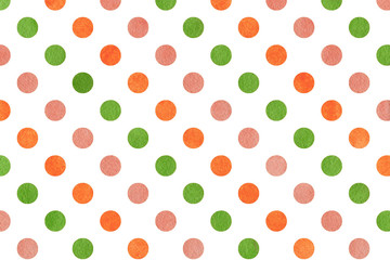 Watercolor orange, pink and green polka dot background.