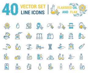 Set vector icons graphic thin outline in linear design. Element emblem symbols. Linseed oil flaxseed oil. Organic product. Herbal oil for Spa treatments hand care hair care, treatment liver and body