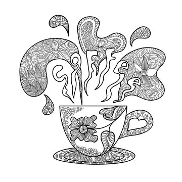 Coffee cup with a beautiful pattern. Hands sketch doodle element. Printing on T-shirts, banners, posters, cover. Coloring page book for adults and children.