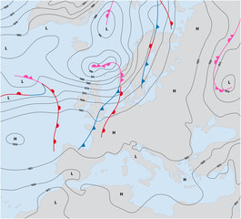 imaginary weather map europe showing isobars and weather fronts - obrazy, fototapety, plakaty