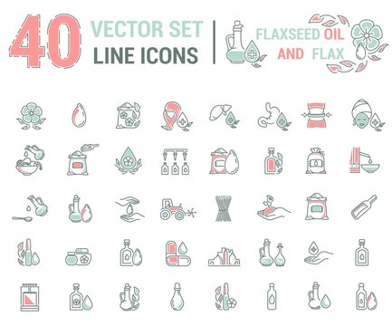 Set vector icons graphic thin outline in linear design. Element emblem symbols. Linseed oil flaxseed oil. Organic product. Herbal oil for Spa treatments hand care hair care, treatment liver and body