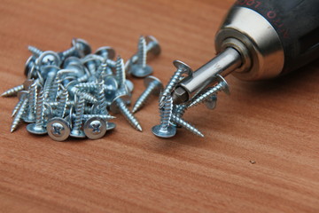 Fototapeta na wymiar Screwdriver with self-tapping screws