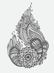 Hand-drawn Abstract floral with ethnic ornaments doodle pattern. Vector illustration Henna Mandala Zentangle stylized for Cover book or card, tattoo more. Design for spiritual relaxation for adults.