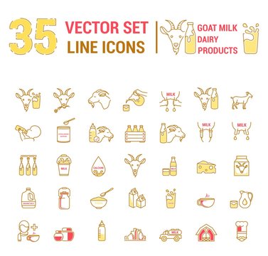 Set vector icons graphic thin outline in a linear design. Element emblem symbols of goat milk, the dairy industry and dairy products.Organic product. Cheese, Allergy-free baby food, dry milk.