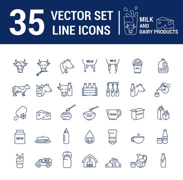 Set vector graphic thin outline icons in linear design. Element emblem symbols of milk, the dairy industry and dairy products.Organic product. Cheese, yogurt, cottage cheese, cream and condensed milk.