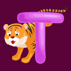letter T with tiger animal for kids abc education in preschool.