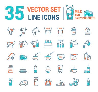 Set vector graphic thin outline icons in linear design. Element emblem symbols of milk, the dairy industry and dairy products.Organic product. Cheese, yogurt, cottage cheese, cream and condensed milk.