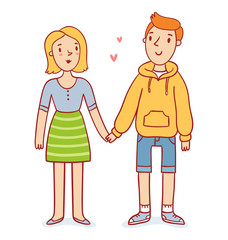 Cute couple in love holding hands, cartoon characters vector illustration