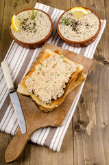 pate from scottish smoked mackerel in a bowl and on sliced bread