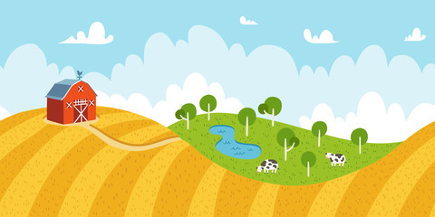Seamless countryside rural landscape with fields, barn and cows © Stolenpencil