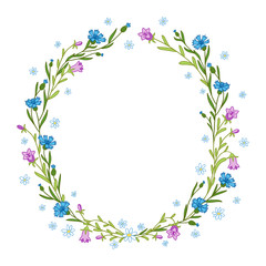 Floral wreath composition with cornflowers, chamomiles and bluebells