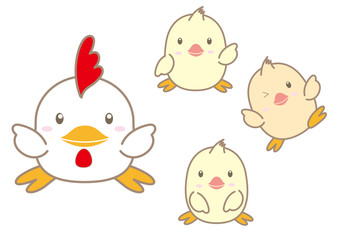 かわいい鶏と雛のセット / 酉年イラスト素材
